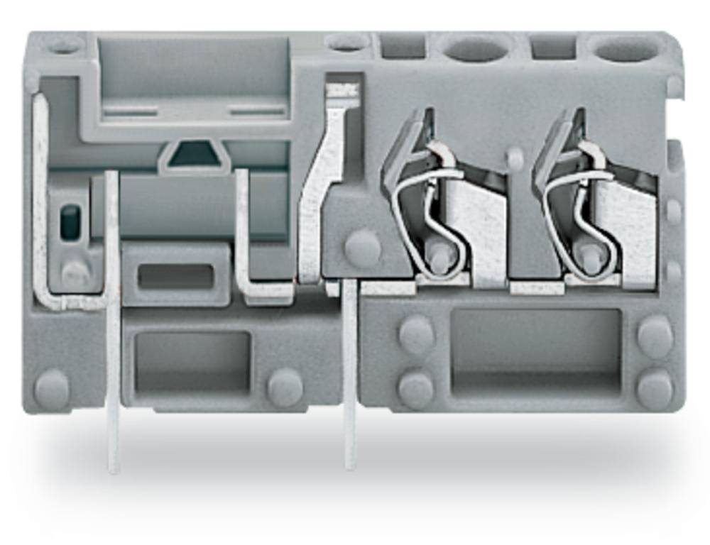 Graue elektrische Klemme mit zwei Metallkontakten und Halterungen, geeignet für die Montage auf Leiterplatten in elektronischen Geräten.