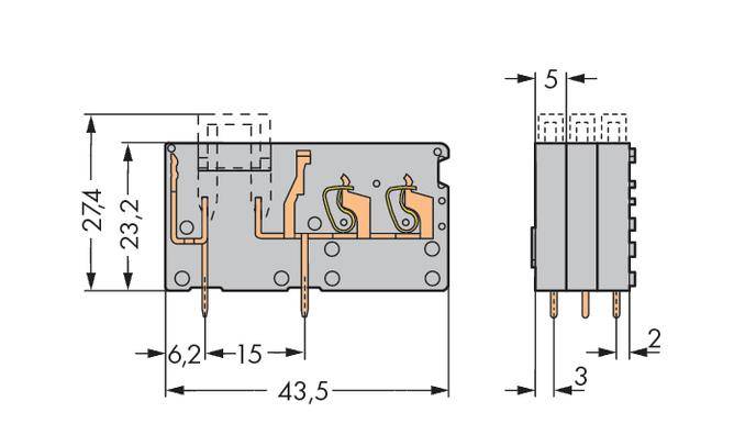 Technische Zeichnung eines elektronischen Relais mit Abmessungen. Zeigt Seiten- und Frontalansicht, sowie Innenverkabelung und Maße in Millimetern.