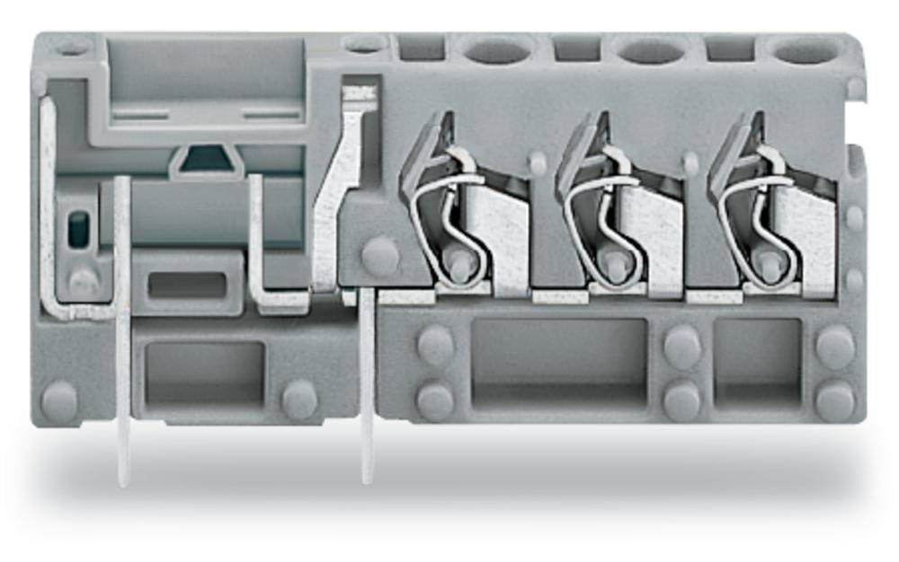 Graue Klemmenleiste mit Metallschaltern, geeignet für elektrische Anschlüsse in industriellen Anwendungen.