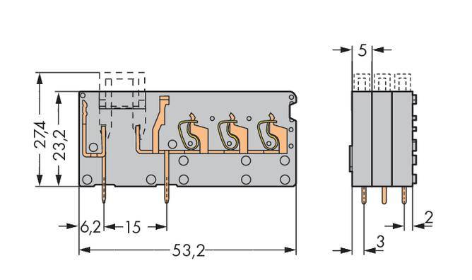 Technische Zeichnung eines Relais mit Maßangaben: Höhe 27,4 mm, Breite 53,2 mm, Tiefe 15 mm. Zeigt interne Konfiguration und Anschlüsse.