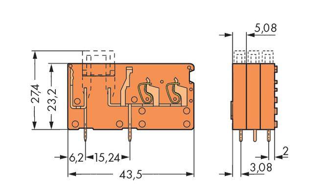Zeichnung eines elektrischen Relais mit Abmessungen: Länge 43,5 mm, Höhe 27,4 mm, Breite 15,24 mm. Seitenansicht und Frontansicht.