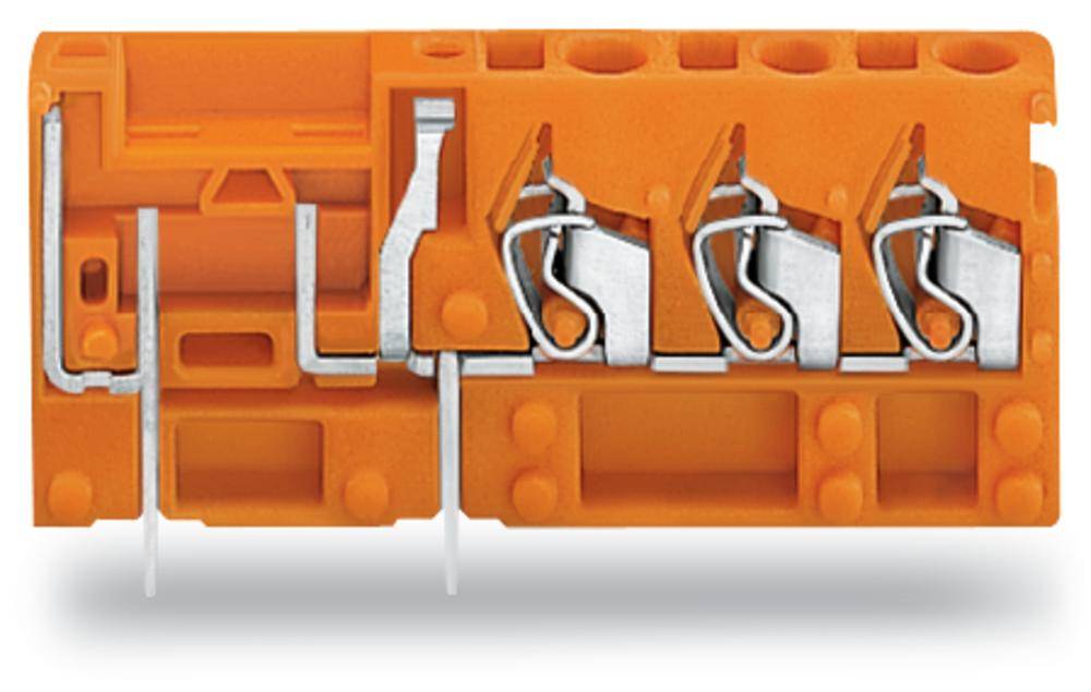 Orange Klemmenblock mit vier Klemmstellen und Metallkontakten. Am linken Rand sind zwei herausragende Drähte sichtbar.