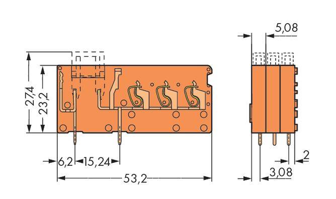 Technische Zeichnung eines elektrischen Relais mit Maßen: Höhe 27,4 mm, Breite 53,2 mm, Tiefe 15,24 mm. Ansicht von vorne und seitlich.