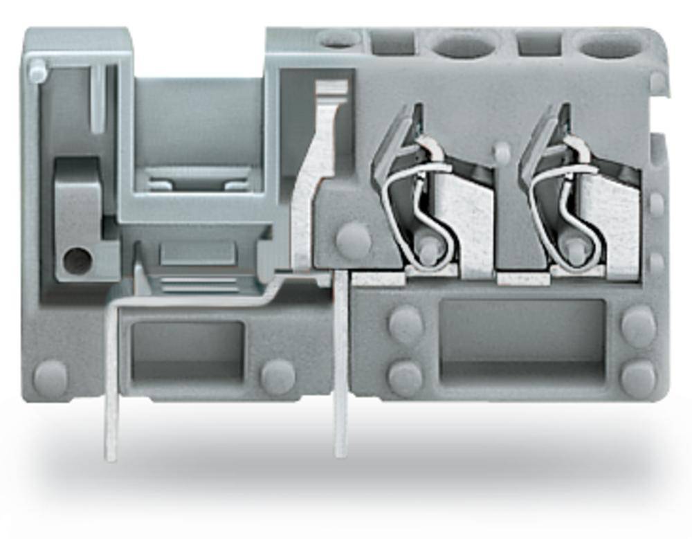 Graue elektrische Klemme mit Metallkontakten und zwei Federmechanismen zur Befestigung von Kabeln. Gehäuse hat mehrere Löcher.