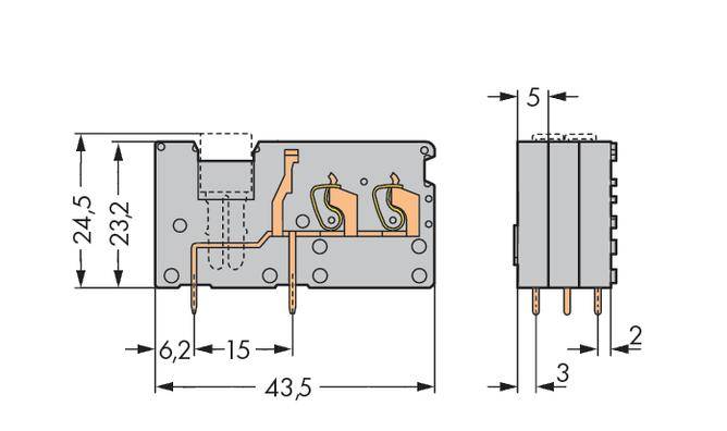 Technische Zeichnung eines elektrischen Bauteils mit Maßen: 24,5 x 43,5 x 15 mm. Zeigt Anschlusspins und interne Strukturdetails.