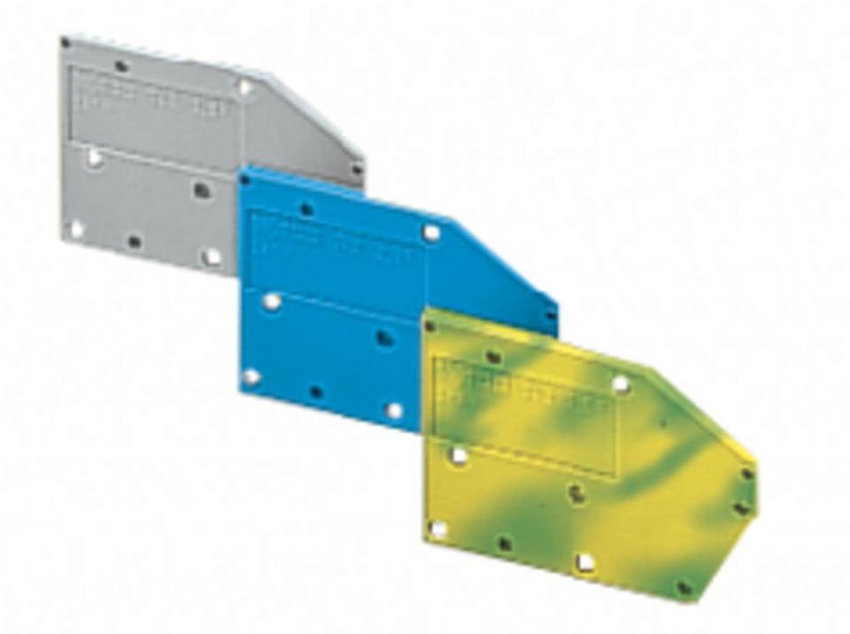 Drei rechteckige, unterschiedlich farbige Metallplatten mit abgerundeten Ecken und Lochbohrungen, angeordnet in Reihe.