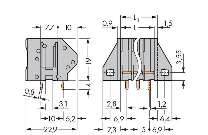 Technische Zeichnung eines elektrischen Schalters mit Maßen in Millimetern. Zeigt Vorder- und Seitenansicht mit detaillierten Abmessungen.