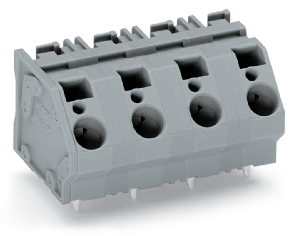 Grauer, fünfpoliger Leiterplatten-Steckverbinderblock mit vertikalen Anschlussbuchsen und Stiftkontakten unten. Wird in der Elektronikmontage verwendet.