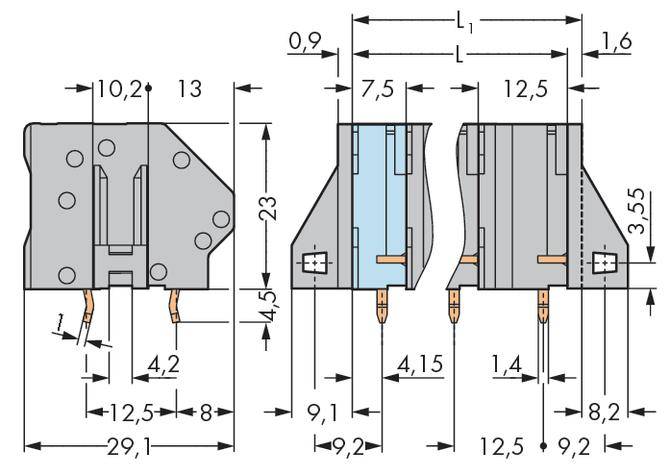 Technische Zeichnung eines elektrischen Schalters mit Abmessungen in Millimetern, zeigt Seiten- und Vorderansicht mit Detailmaßen.