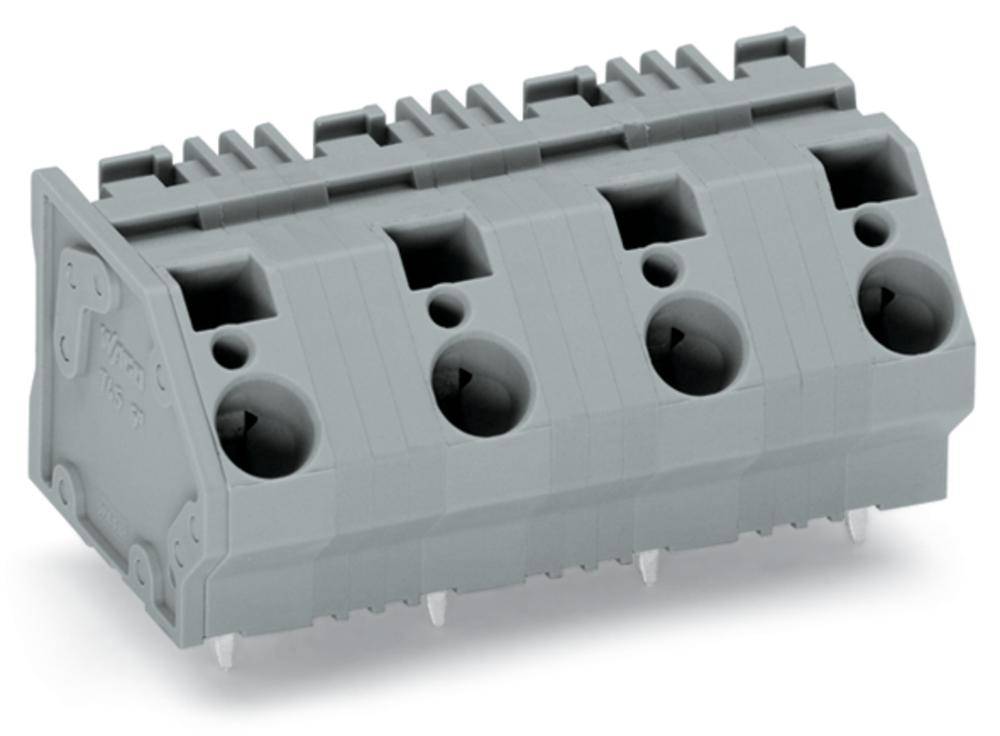 Ein grauer, rechteckiger Steckverbinder mit fünf Löchern und vier Pins an der Unterseite, geeignet für elektronische Verbindungen.