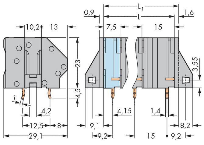 Technische Zeichnung einer elektrischen Komponente mit Maßen in Millimetern. Zeigt Vorder- und Seitenansicht mit detaillierten Abmessungen.