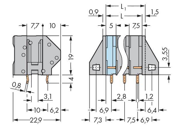 Technische Zeichnung eines elektrischen Steckverbinders mit Maßen in Millimetern. Zeigt die Draufsicht und seitliche Ansicht mit detaillierten Maßen und Abstandslinien.