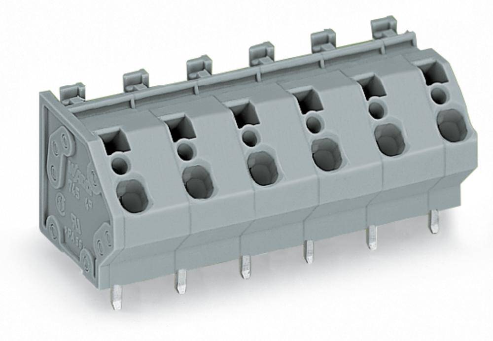 Ein grauer elektrischer Steckverbinder mit sechs Anschlusspunkten, geeignet für die Montage auf Leiterplatten.