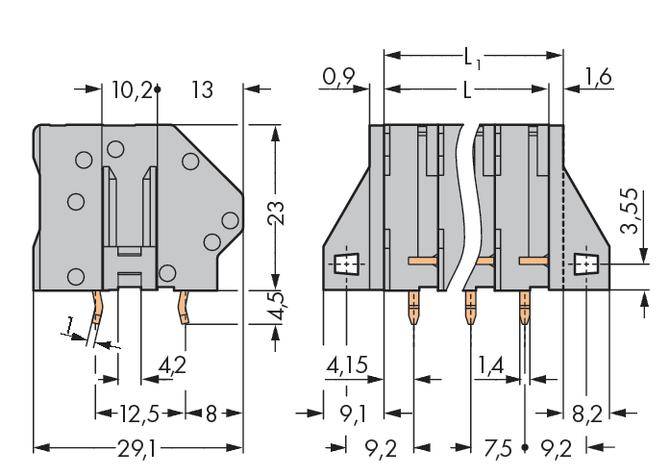 Zwei technische Zeichnungen eines elektronischen Steckverbinders mit mehreren Maßen in Millimetern; links Draufsicht, rechts Seitenansicht.