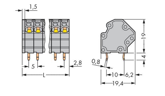 Technische Zeichnung von zwei elektrischen Steckverbindern mit genauen Maßangaben in Millimetern, Seiten- und Frontansicht.