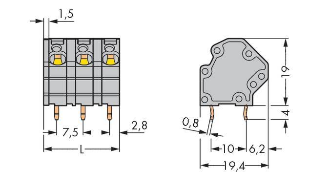 Technische Zeichnung eines elektrischen Steckverbinders mit Abmessungen: 1,5 cm Breite, 19,4 cm Gesamttiefe, 19 mm Höhe.