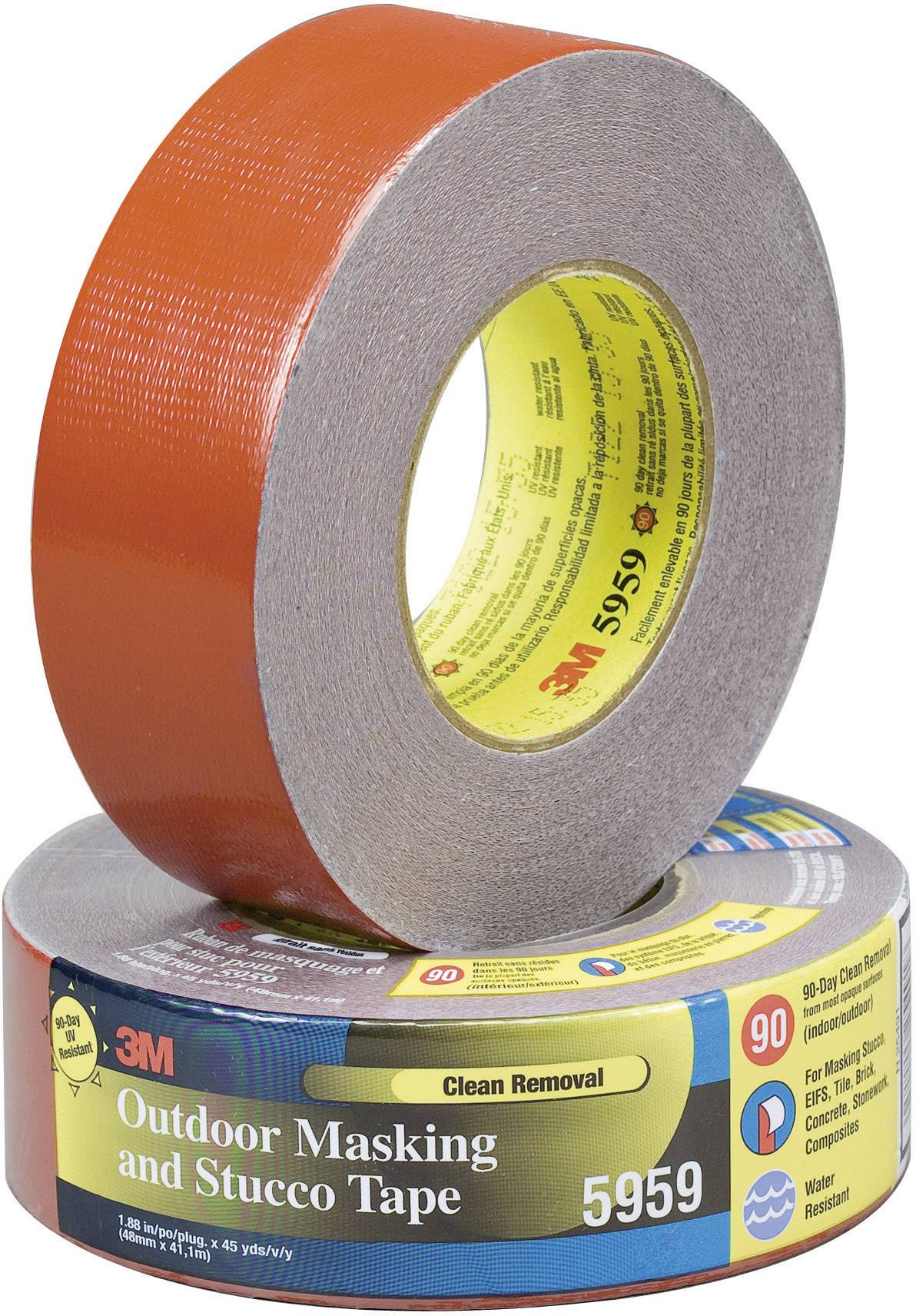 Zwei Rollen Klebeband von 3M: eine steht aufrecht, die andere liegt. Verpackungstext 'Outdoor Masking and Stucco Tape 5959'.
