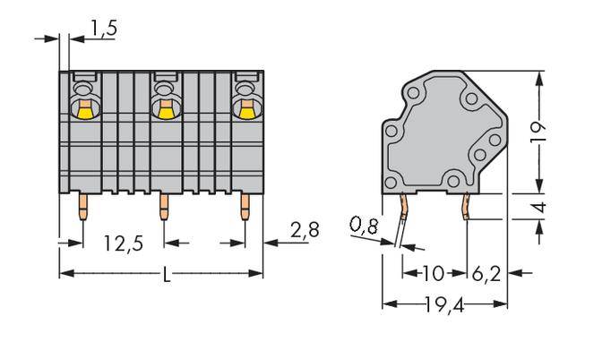 Technische Zeichnung eines Steckverbinders mit Maßen: Breite 12,5 mm, Höhe 19 mm, Tiefenangaben 1,5 mm, 2,8 mm und 4 mm.