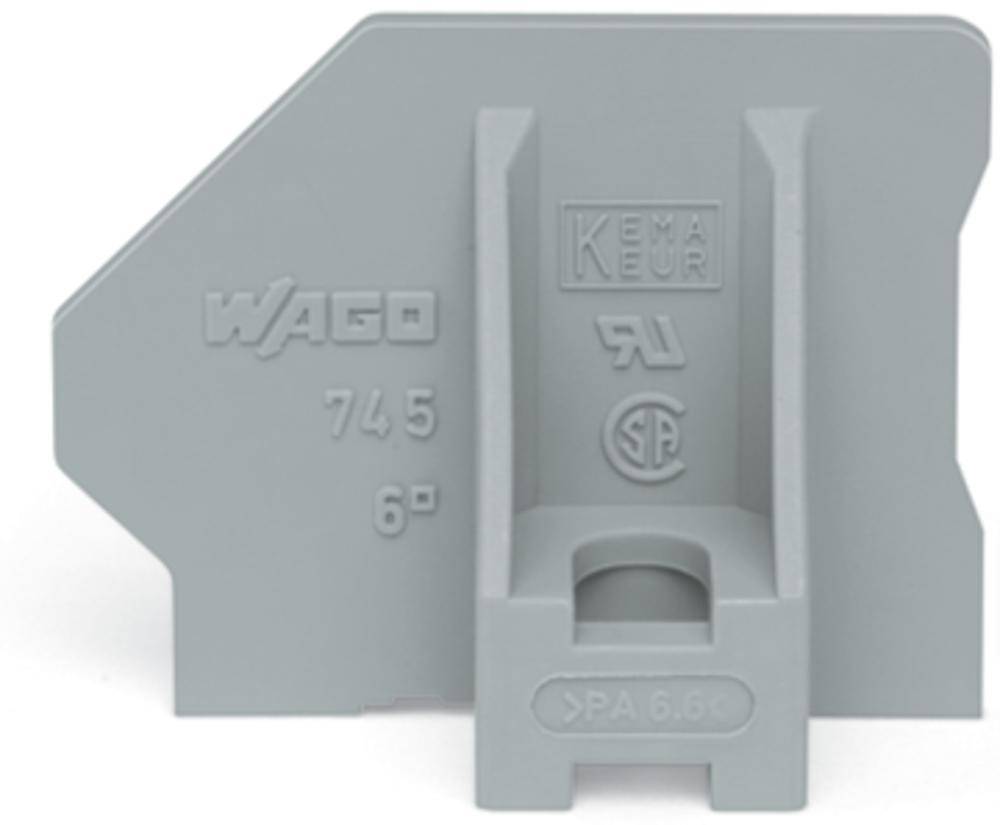 Graues Kunststoffteil mit Aufschrift 'WAGO 745' und Prüfsiegeln, vermutlich eine Verbindungsklemme oder ein Bauteil für elektrische Anwendungen.