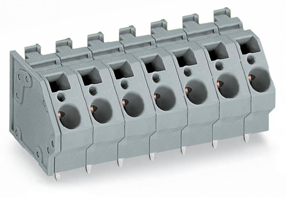 Sechspolige graue Steckklemme aus Kunststoff mit Metallkontakten, geeignet für elektrische Verbindungen.