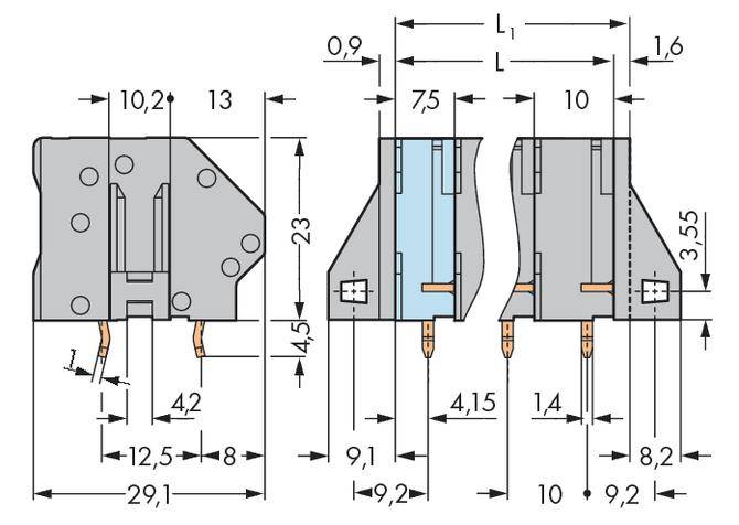 Technische Zeichnung eines elektrischen Bauteils mit Maßen in Millimetern. Breite 29,1 mm, Höhe 23 mm, detaillierte Darstellung der Seitenansichten.