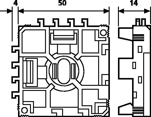 Technische Zeichnung eines linearen Profils mit mehreren Kammern und Maßangaben: 50 mm Breite, 14 mm Tiefe, 4 mm Dicke.