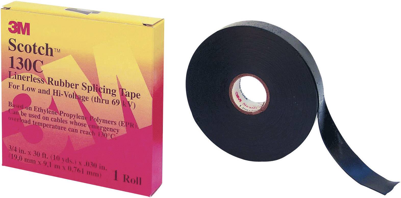'3M Scotch 130C' Klebeband-Verpackung und eine Rolle schwarzes gummiertes Band. Für Niedrig- und Hochspannungskabel geeignet.
