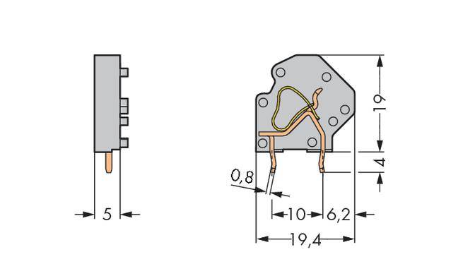 Technische Zeichnung eines Schalters mit Abmessungen: Breite 19,4 mm, Höhe 19 mm, Tiefe 5 mm, Kontakte und interne Verbindungen sichtbar.