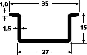 Schematische Darstellung eines U-förmigen Profils mit Maßangaben: Höhe 15 mm, Breite 35 mm, Bodenbreite 27 mm, Materialdicke 1,5 mm.