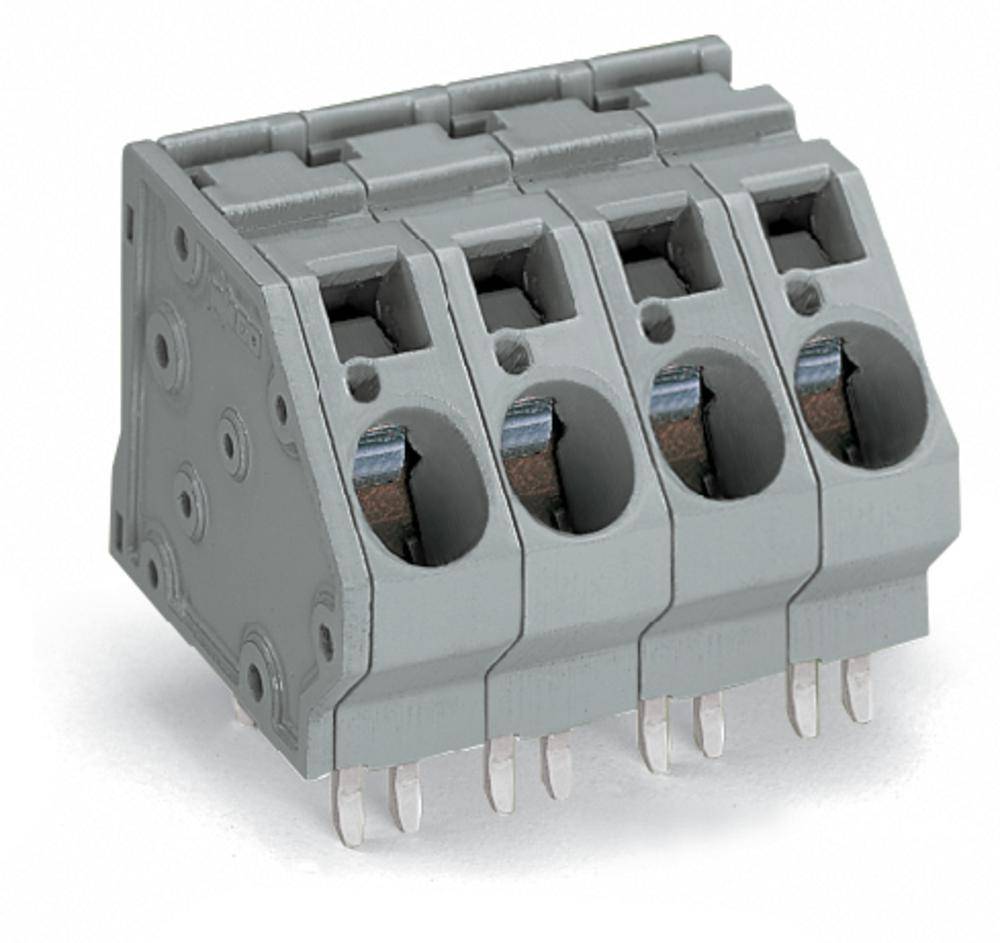 Grauer vierpoliger Steckverbinder mit horizontalen Klemmschlitzen und seitlichen Anschlussstiften, geeignet für elektronische Anwendungen.