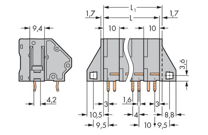 Technische Zeichnung eines elektronischen Bauteils mit Abmessungen in Millimetern. Zeigt Auf- und Seitenansicht mit Pin-Anordnung.