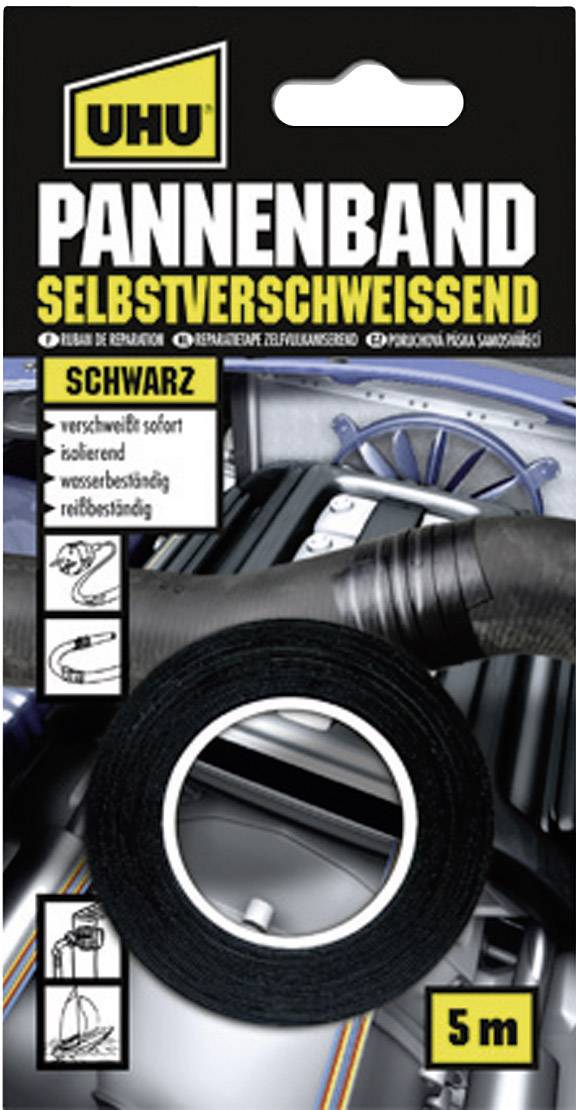 Eine Packung UHU Pannenband, schwarz, selbstverschweißend, 5 m Länge. Hintergrund zeigt einen Teil eines Automoottors.