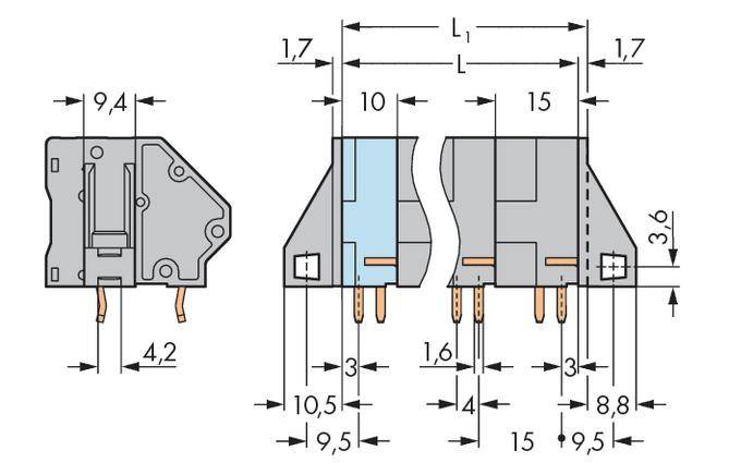 Technische Zeichnung von einem Mikroschalter mit genauen Maßangaben in Millimetern. Breiten-, Höhen- und Längenabmessungen sind markiert.
