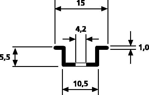 Technische Zeichnung eines U-förmigen Profils. Maße: Breite 15 mm, Innentiefe 5,5 mm, Innenbreite 10,5 mm, Flanschbreite 1 mm.