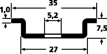 Schematische Darstellung eines Blechprofils mit Maßen: Außenbreite 35, Innenbreite 27, Höhe 7,5, Dicke 1,0, mittlere Tiefe 5,2.