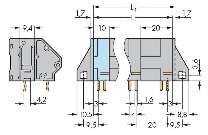 Technische Zeichnung eines elektronischen Bauteils mit Abmessungen und Anschlussdetails von 9,4 mm, 42 mm, 10 mm, und 20 mm.