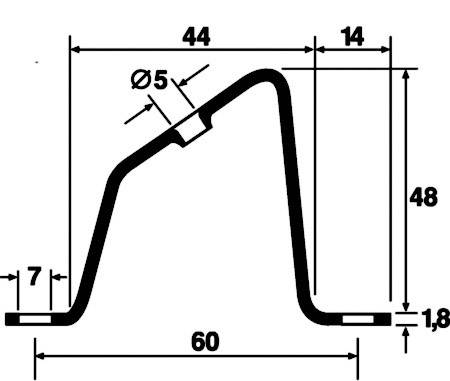 Abbildung eines Metallprofils mit Maßen: Höhe 48, Breite 60, Bohrungsdurchmesser 5, seitliche Abstände 14 und 44, Basen 7 und Höhe 1,8.