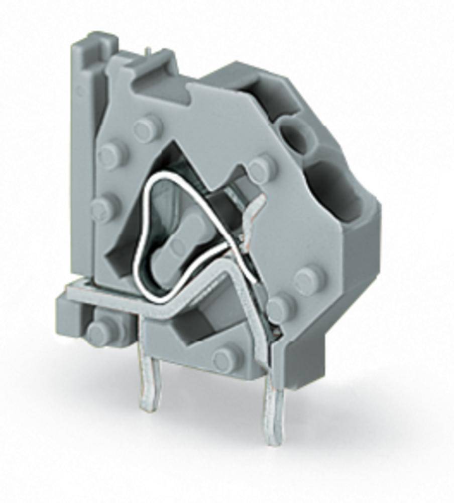 Grauer elektrischer Steckverbinder mit komplexem Design und metallischen Kontakten, die für die Befestigung an einem Schaltkreis gedacht sind.