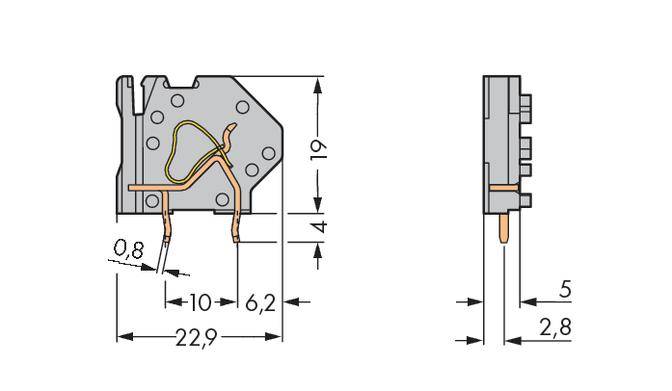 Technische Zeichnung eines elektrischen Schalters, Vorder- und Seitenansicht, mit Maßen in Millimetern: 22,9 x 19 x 5.