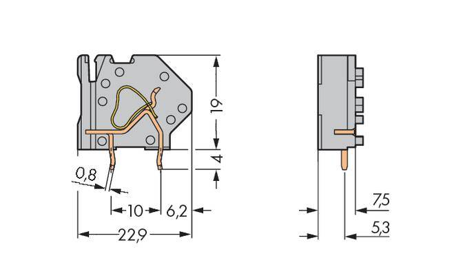 Technische Zeichnung eines Bauteils mit Abmessungen: Breite 22,9 mm, Höhe 19 mm, Tiefe 6,2 mm. Seitenansicht zeigt 75 mm Höhe, 53 mm Breite.