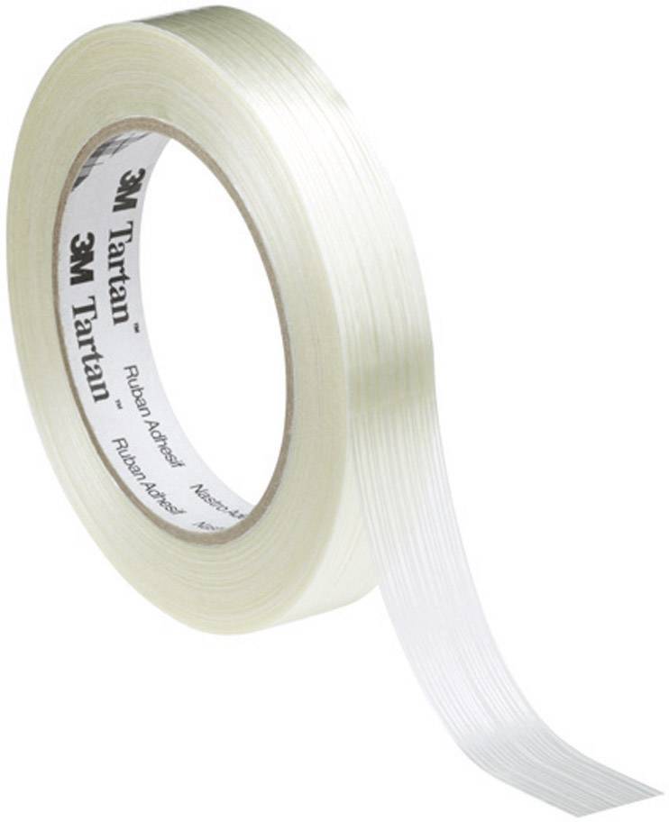 Eine Rolle durchsichtigen Klebebands mit weißem Kern, auf dem '3M Tartan' steht. Das Band rollt sich nach unten ab.