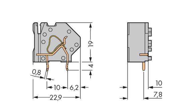 Technische Zeichnung eines elektrischen Bauelements mit Abmessungen: Breite 22,9 mm, Höhe 19 mm, Tiefe 7,8 mm. Detaillierte Innenstruktur sichtbar.