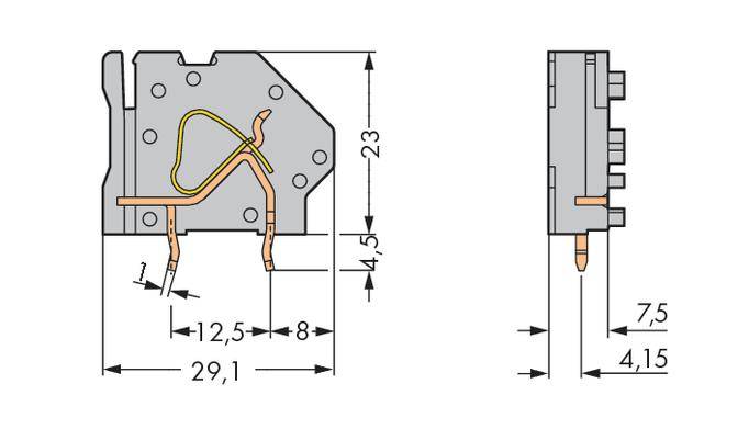Technische Zeichnung eines elektrischen Bauteils mit genauen Maßen in Millimetern, darunter Gesamtlänge 29,1 mm und Höhe 23 mm.