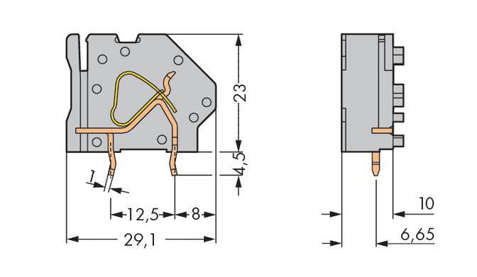 Technische Zeichnung eines Elektroteils mit Abmessungen von 23x29,1 mm. Zeigt Verbindungen und interne Struktur im Querschnitt.