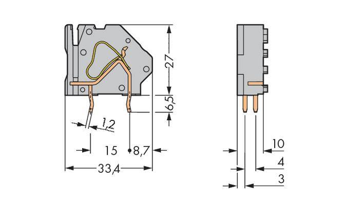 Technische Zeichnung eines Relais mit Maßen: Breite 33,4 mm, Höhe 65 mm, Tiefe 27 mm. Anschlussdetails und interne Schaltkreise dargestellt.