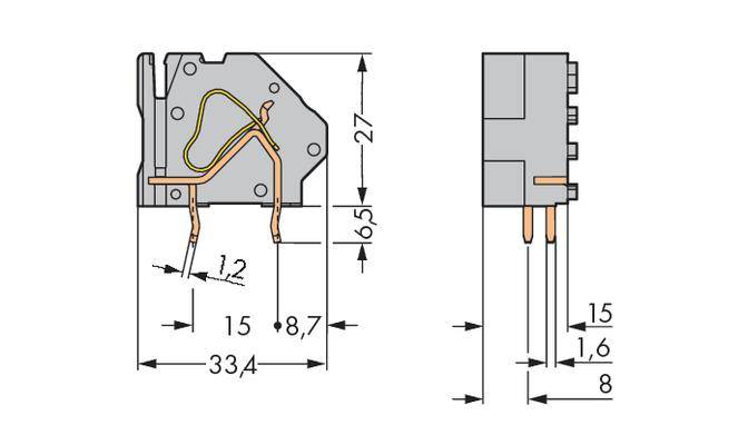 Technische Zeichnung eines Relais mit Abmessungen: Breite 33,4 mm, Höhe 65 mm, Tiefe 8 mm. Seitenansicht und Vorderansicht gezeigt.