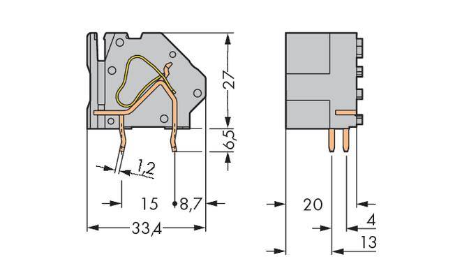 Technische Zeichnung eines elektronischen Bauteils mit Abmessungen: Breite 33,4 mm, Höhe 27 mm, Tiefe 20 mm. Steckverbindungen und Schaltverlauf abgebildet.