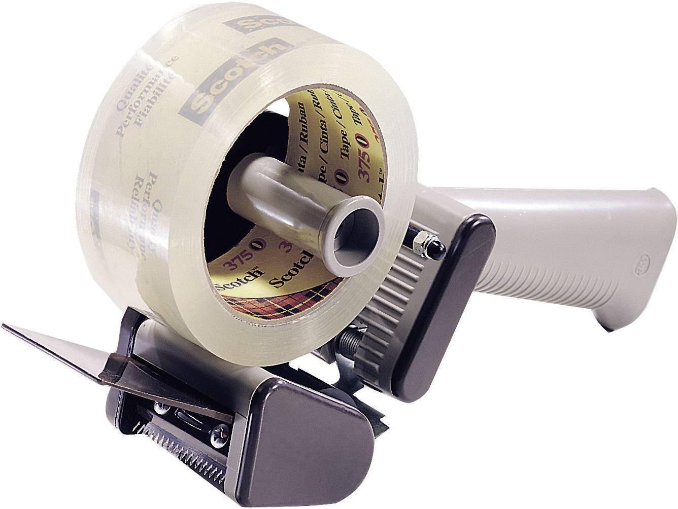 Handabroller mit durchsichtigem Klebeband, bereit für den Gebrauch. Gerät in Dunkelgrau mit ergonomischem Griff und Metallklinge.