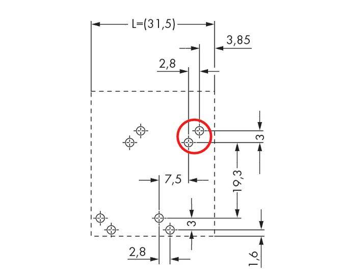Technische Zeichnung einer Platte mit Bohrlöchern. Maße: 31,5x19,3 cm, Lochabstand und Position sind detailliert angegeben. Ein Loch rot markiert.