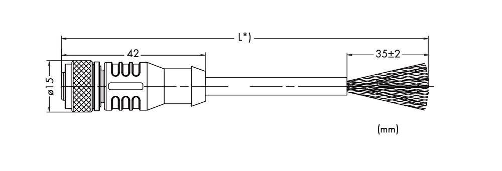 Zeichnung eines Bürstenwerkzeugs mit Maßangaben: Gesamtlänge 'L', Kopfdurchmesser 15 mm, Kopflänge 42 mm, Bürstenlänge 35 mm.